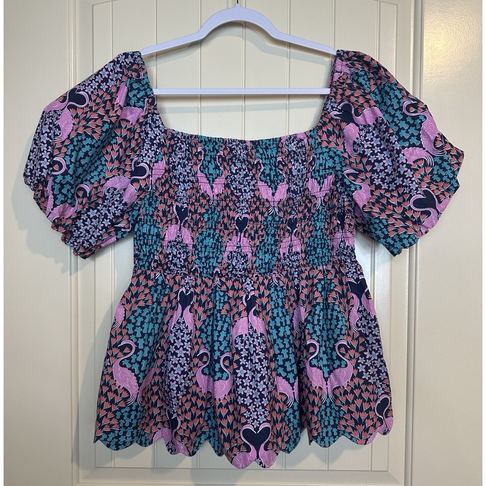 Simply Southern Top Blouse Puff Sleeves Swan Print Square Neck Sz L NWOT Cotton